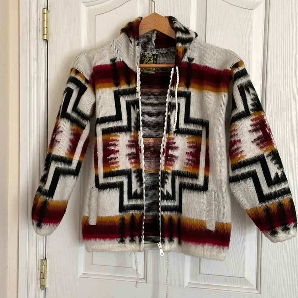 Tejidos Ruminahui Aztec Tribal Native Boho Fuzzy Full Zip Hoodie Sweater sz 8 - Picture 4 of 8